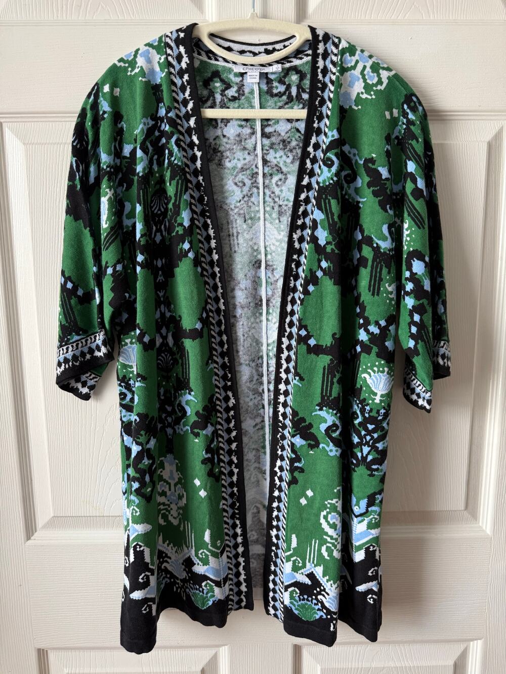 Chico’s Green Black Knit Kimono Cardigan Sz 1 Medium Linen Blend Resort Coastal